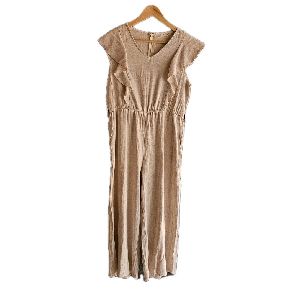 Roolee‎ Cap Sleeve Cropped Wide Leg Jumpsuit Ruffle Boho Cottagecore Prep Tan L